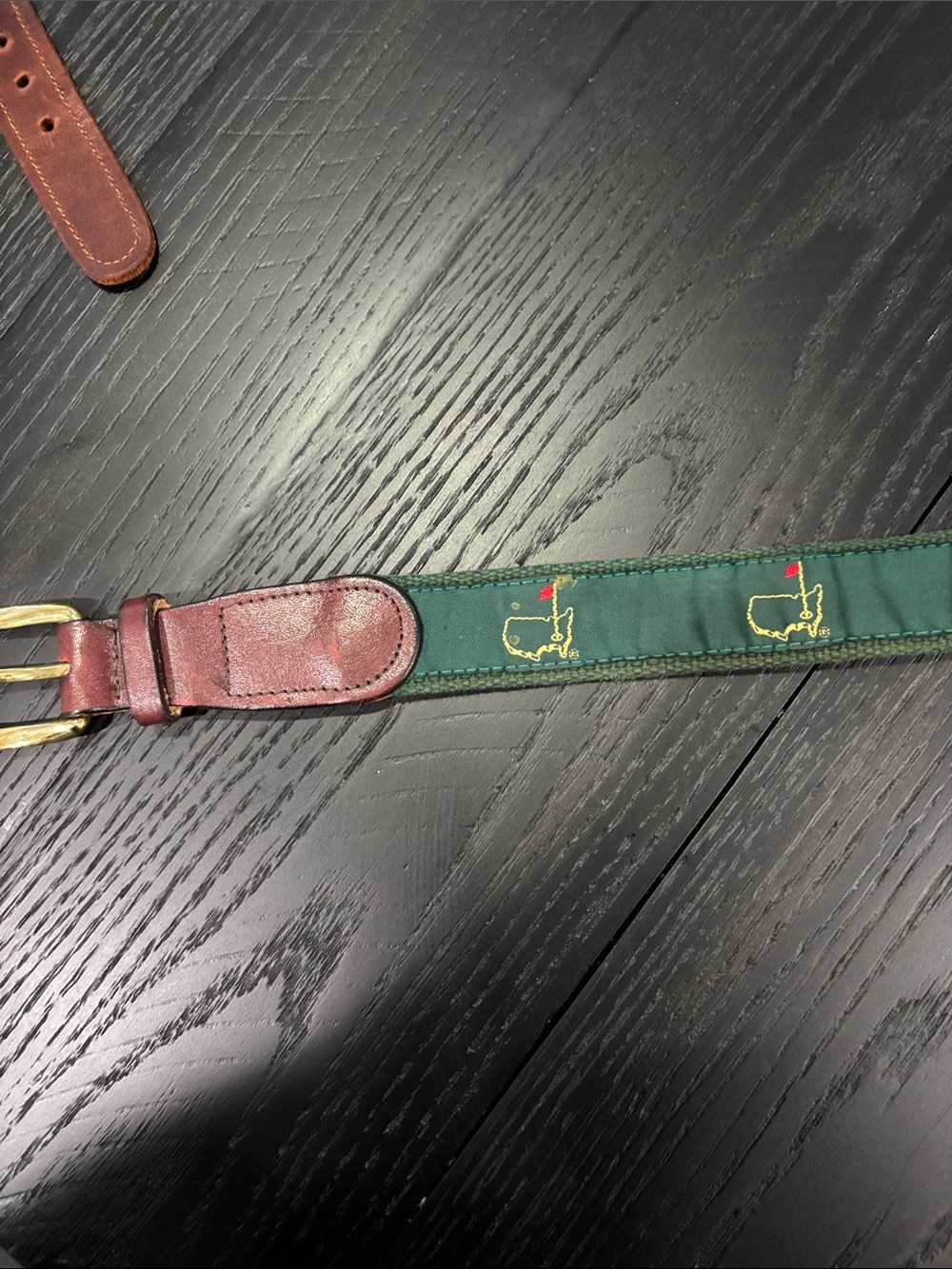 Green Embroidered Masters Men’s Belt with Brown Leather Trim, 38